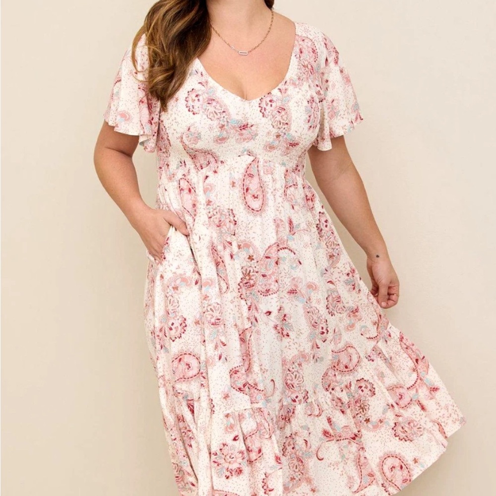 Torrid Paisley Print Midi Dress in Pink and Cream